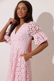 **PRE ORDER** CALLIE LACE PUFF SLEEVE MIDI DRESS WTH BOW BACK - PALE PINK