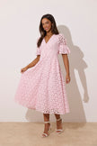 **PRE ORDER** CALLIE LACE PUFF SLEEVE MIDI DRESS WTH BOW BACK - PALE PINK