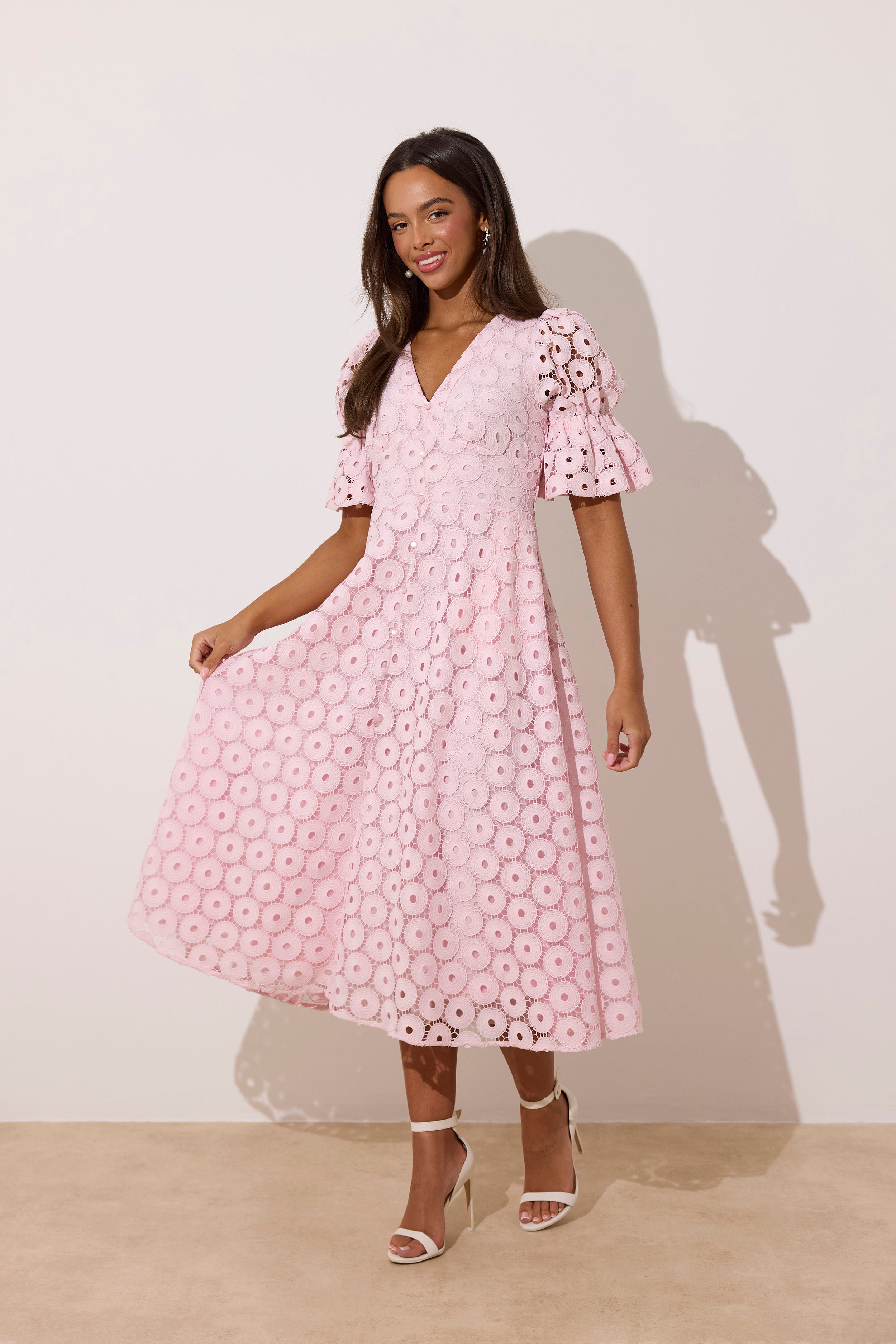 **PRE ORDER** CALLIE LACE PUFF SLEEVE MIDI DRESS WTH BOW BACK - PALE PINK
