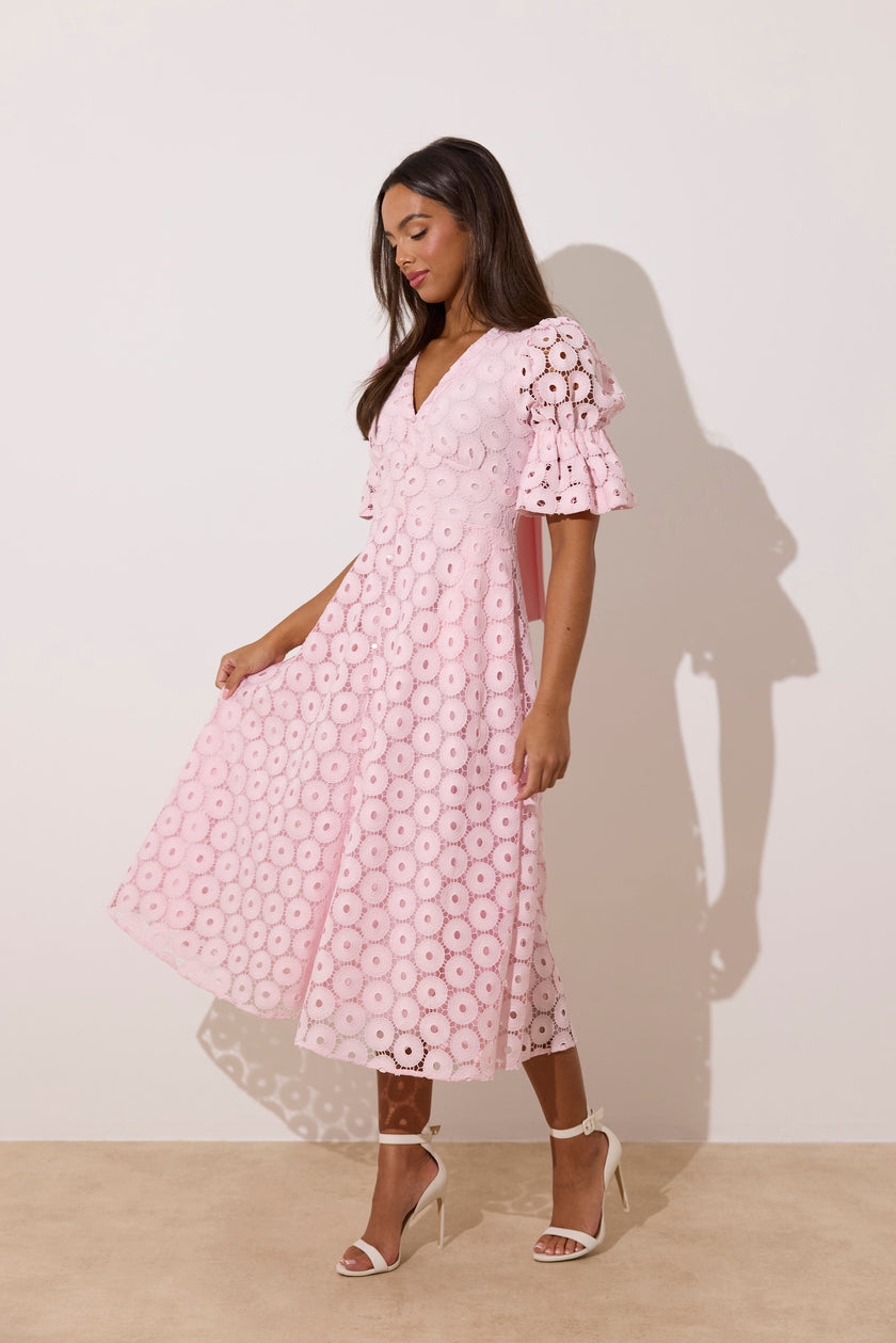 CALLIE LACE PUFF SLEEVE MIDI DRESS WTH BOW BACK - PALE PINK