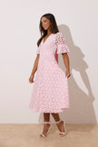 **PRE ORDER** CALLIE LACE PUFF SLEEVE MIDI DRESS WTH BOW BACK - PALE PINK