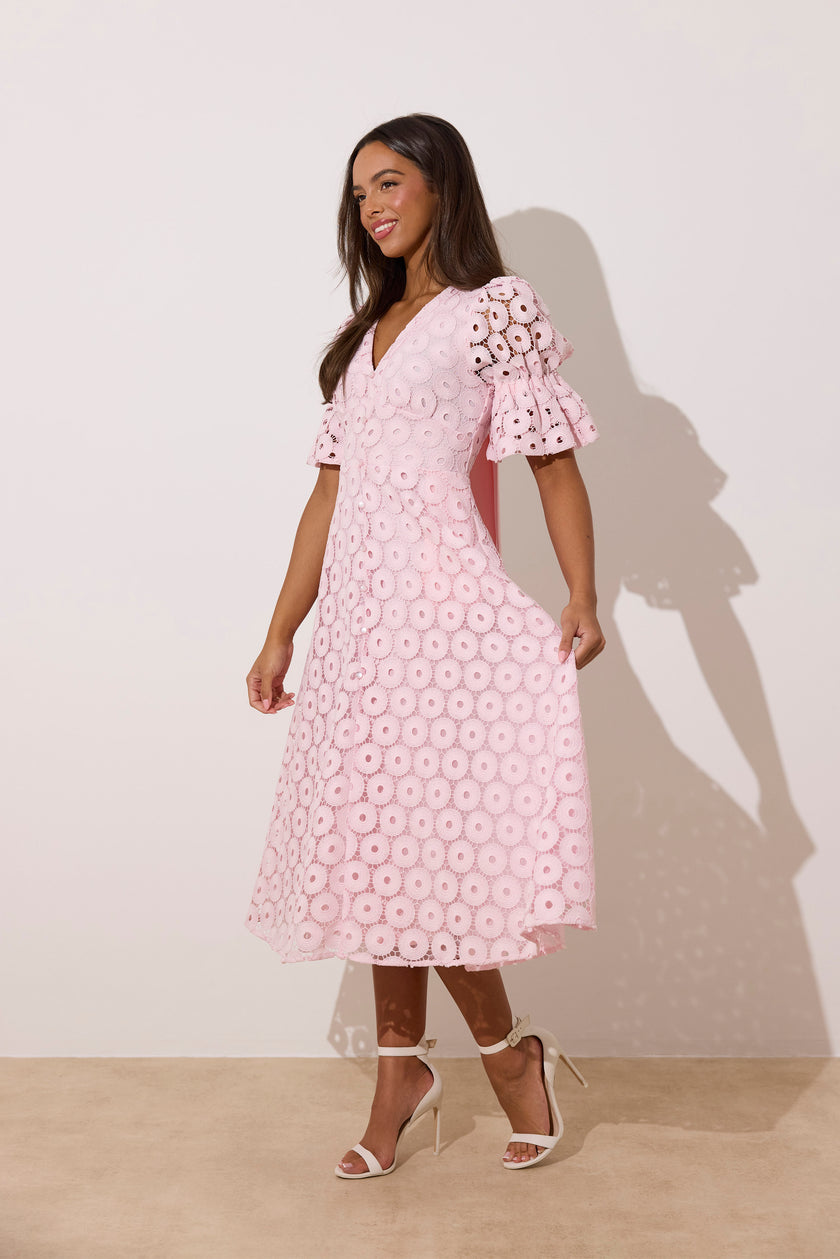 CALLIE LACE PUFF SLEEVE MIDI DRESS WTH BOW BACK - PALE PINK