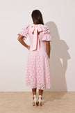 **PRE ORDER** CALLIE LACE PUFF SLEEVE MIDI DRESS WTH BOW BACK - PALE PINK