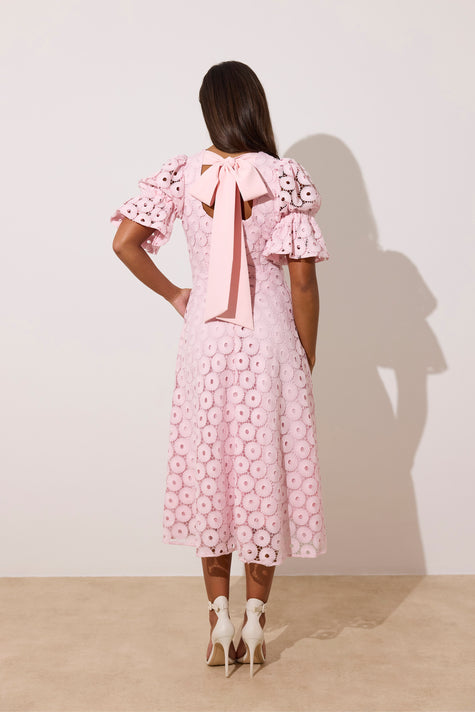 **PRE ORDER** CALLIE LACE PUFF SLEEVE MIDI DRESS WTH BOW BACK - PALE PINK