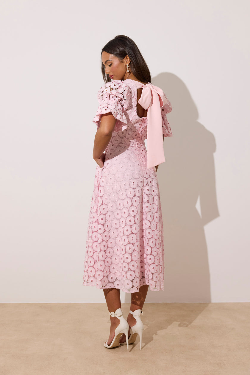 CALLIE LACE PUFF SLEEVE MIDI DRESS WTH BOW BACK - PALE PINK