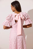 **PRE ORDER** CALLIE LACE PUFF SLEEVE MIDI DRESS WTH BOW BACK - PALE PINK