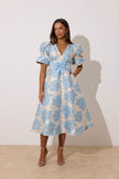 **PRE ORDER** CALLIE METALLIC PUFF SLEEVE MIDI DRESS - PALE BLUE