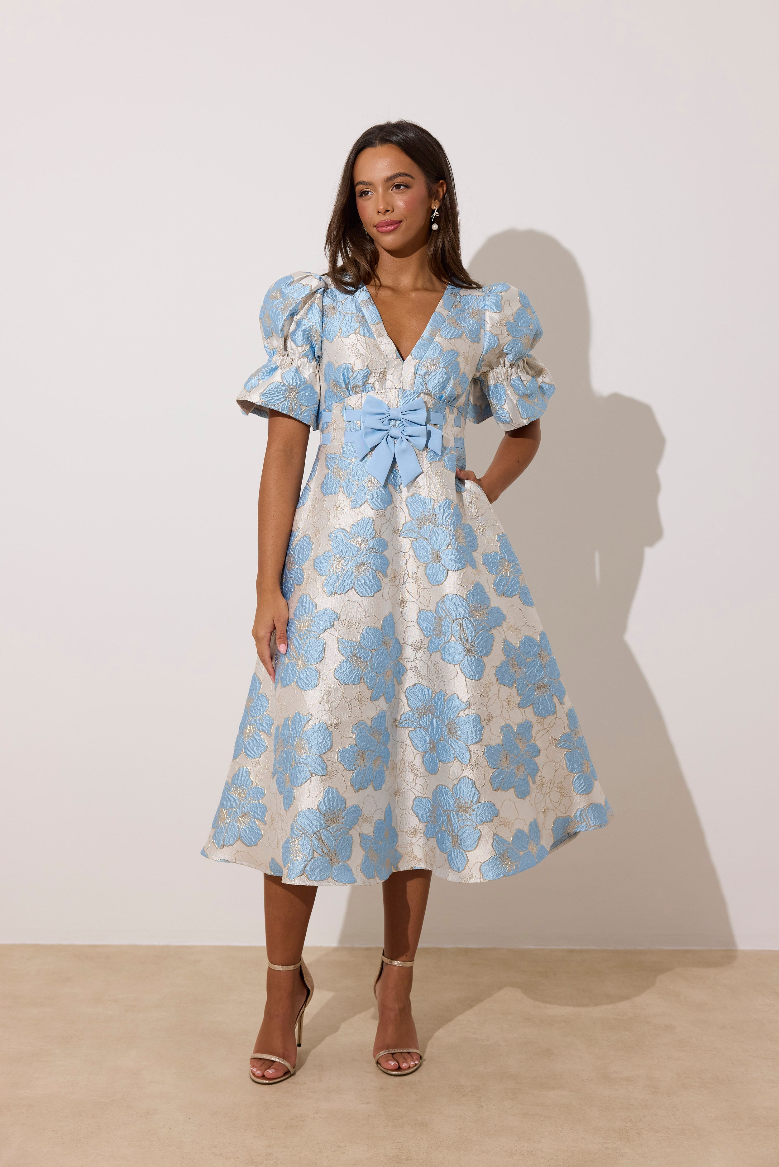 **PRE ORDER** CALLIE METALLIC PUFF SLEEVE MIDI DRESS - PALE BLUE