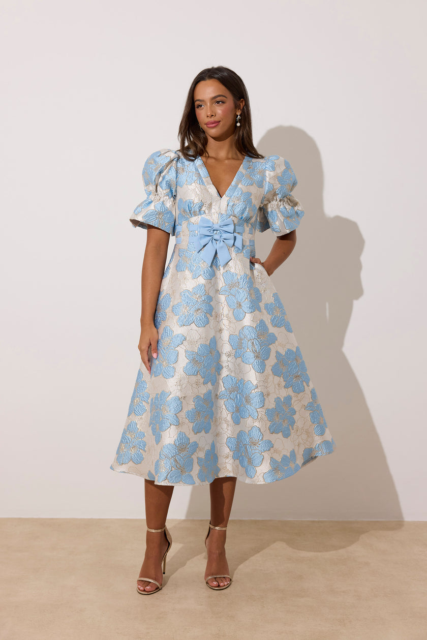 CALLIE METALLIC PUFF SLEEVE MIDI DRESS - PALE BLUE
