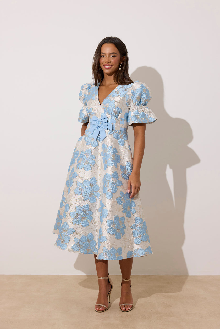 CALLIE METALLIC PUFF SLEEVE MIDI DRESS - PALE BLUE