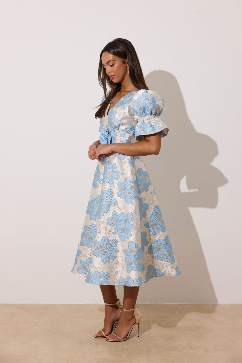 CALLIE METALLIC PUFF SLEEVE MIDI DRESS - PALE BLUE