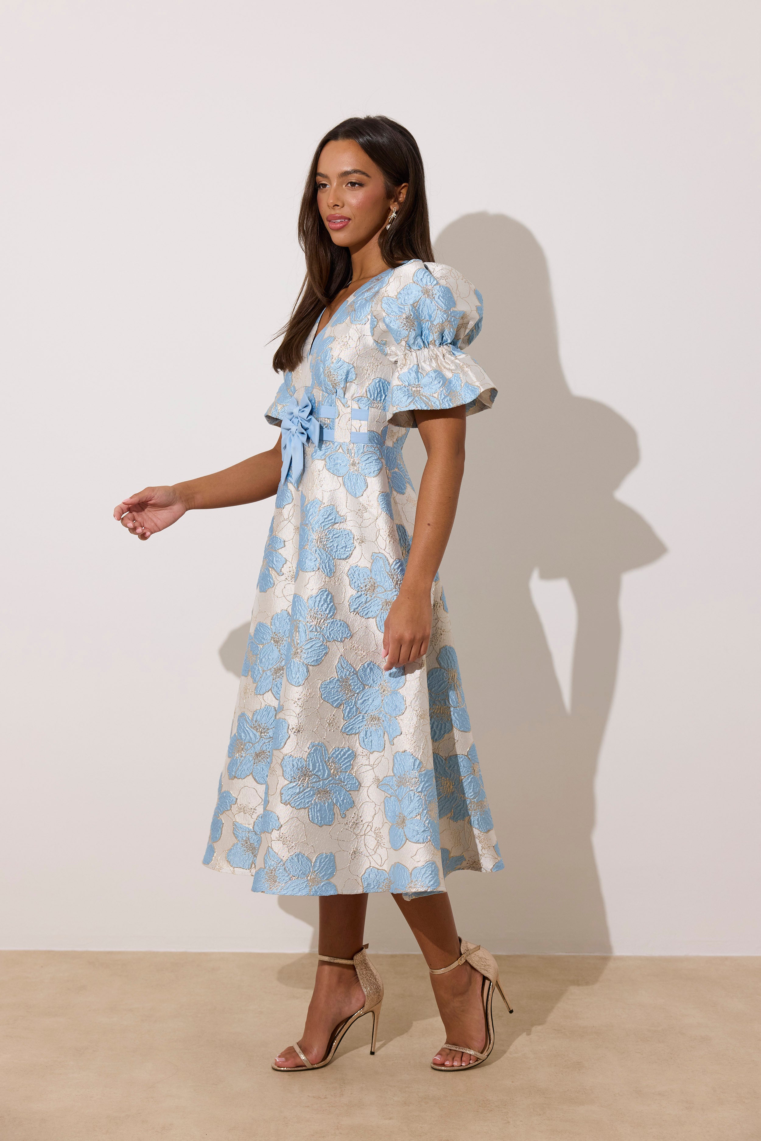 CALLIE METALLIC PUFF SLEEVE MIDI DRESS - PALE BLUE