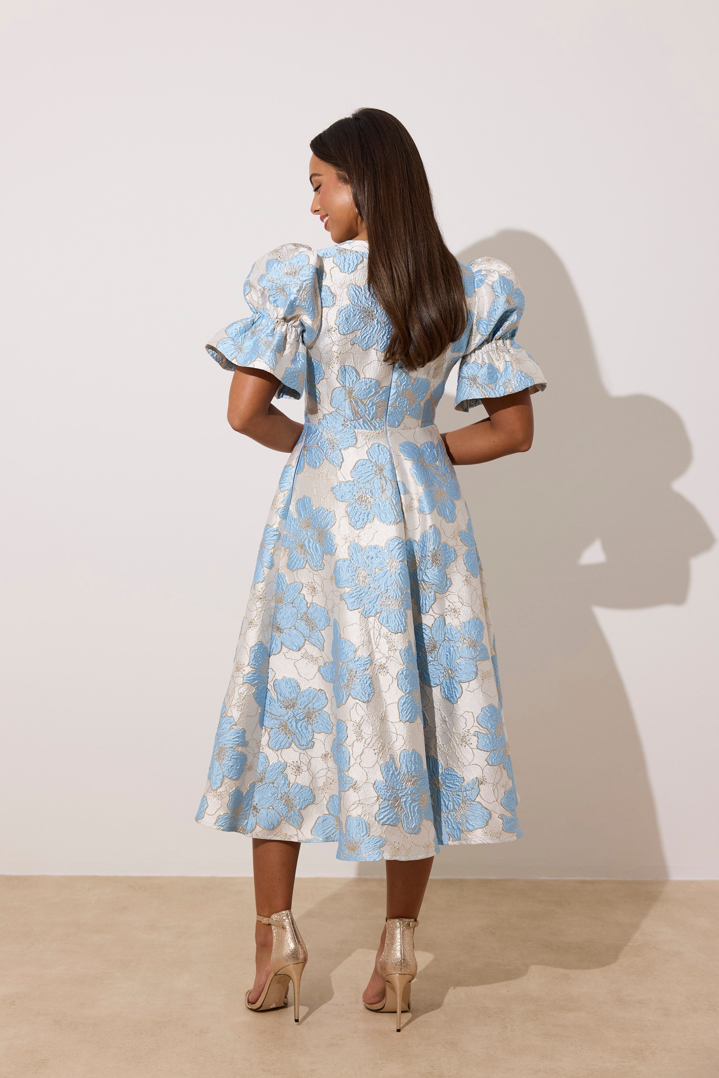 **PRE ORDER** CALLIE METALLIC PUFF SLEEVE MIDI DRESS - PALE BLUE
