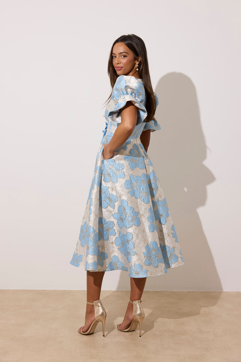 CALLIE METALLIC PUFF SLEEVE MIDI DRESS - PALE BLUE