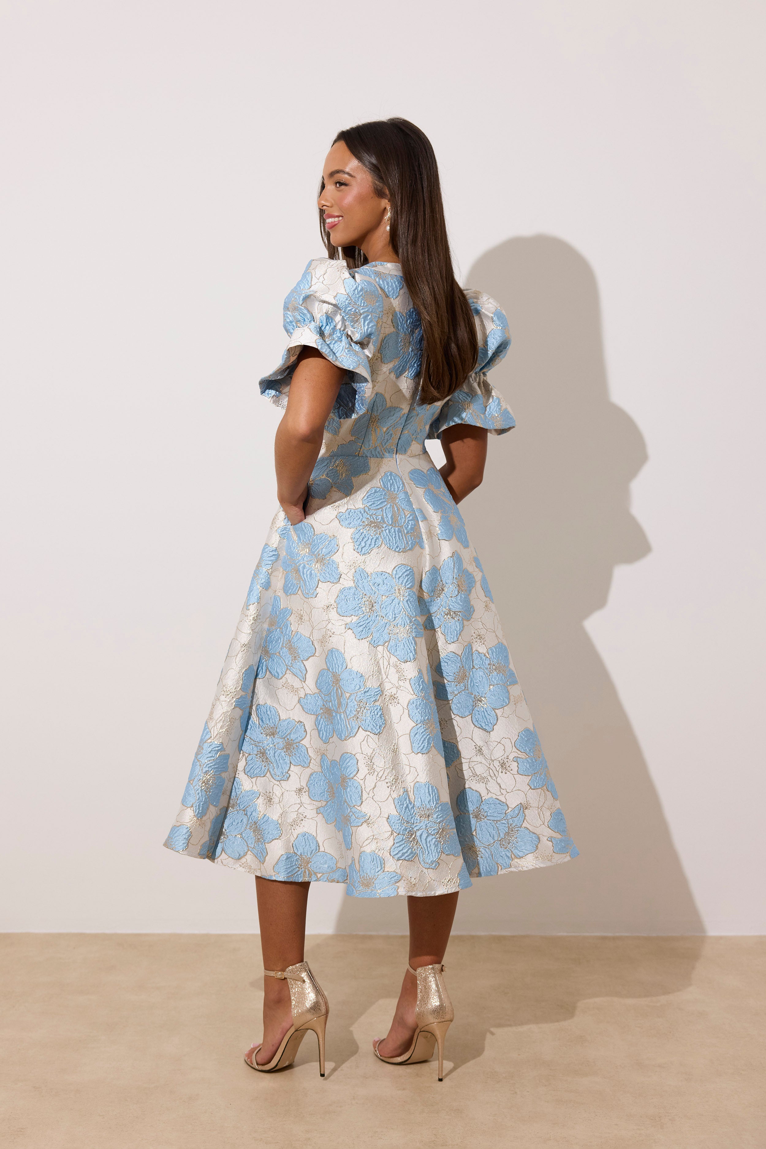 **PRE ORDER** CALLIE METALLIC PUFF SLEEVE MIDI DRESS - PALE BLUE