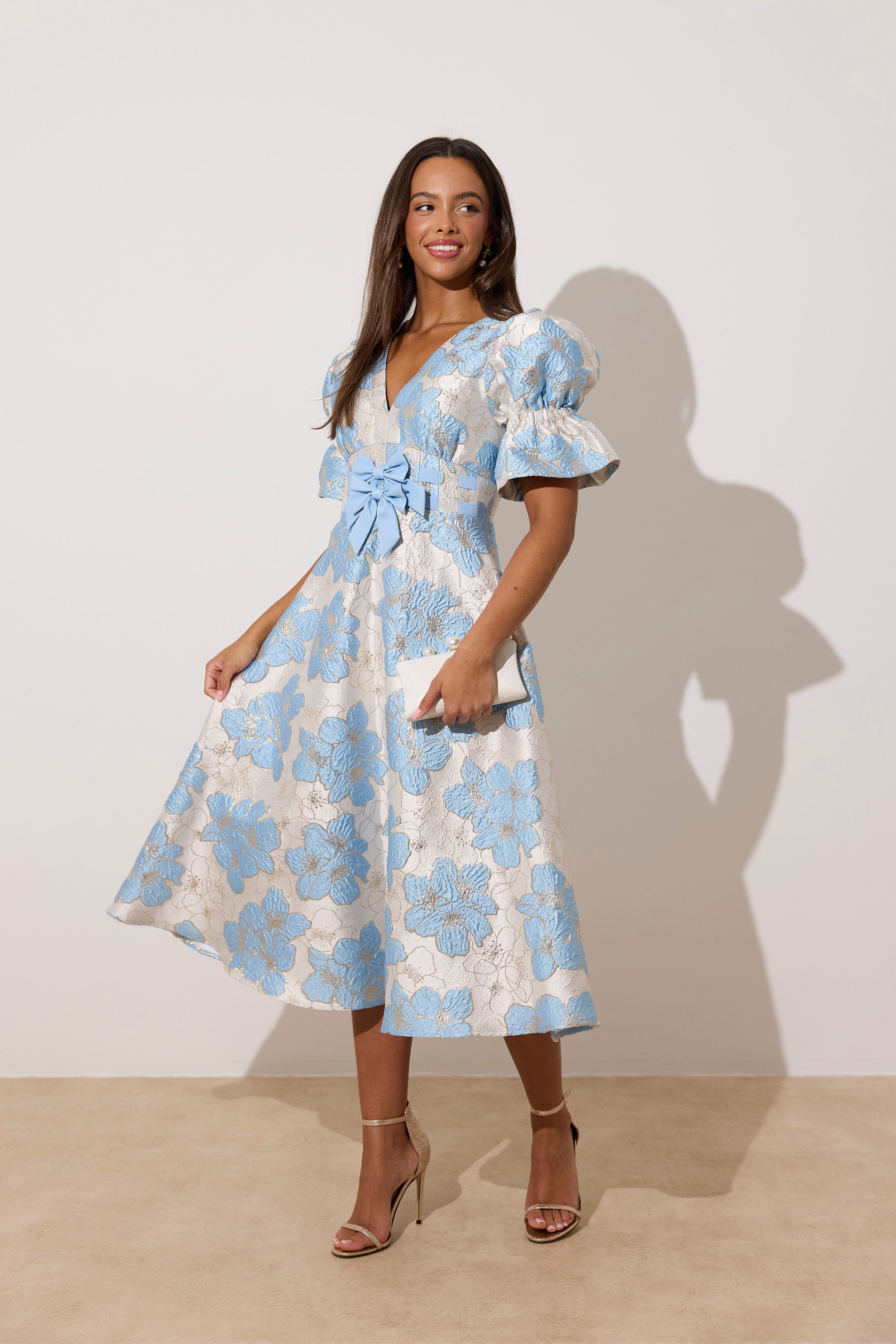 **PRE ORDER** CALLIE METALLIC PUFF SLEEVE MIDI DRESS - PALE BLUE