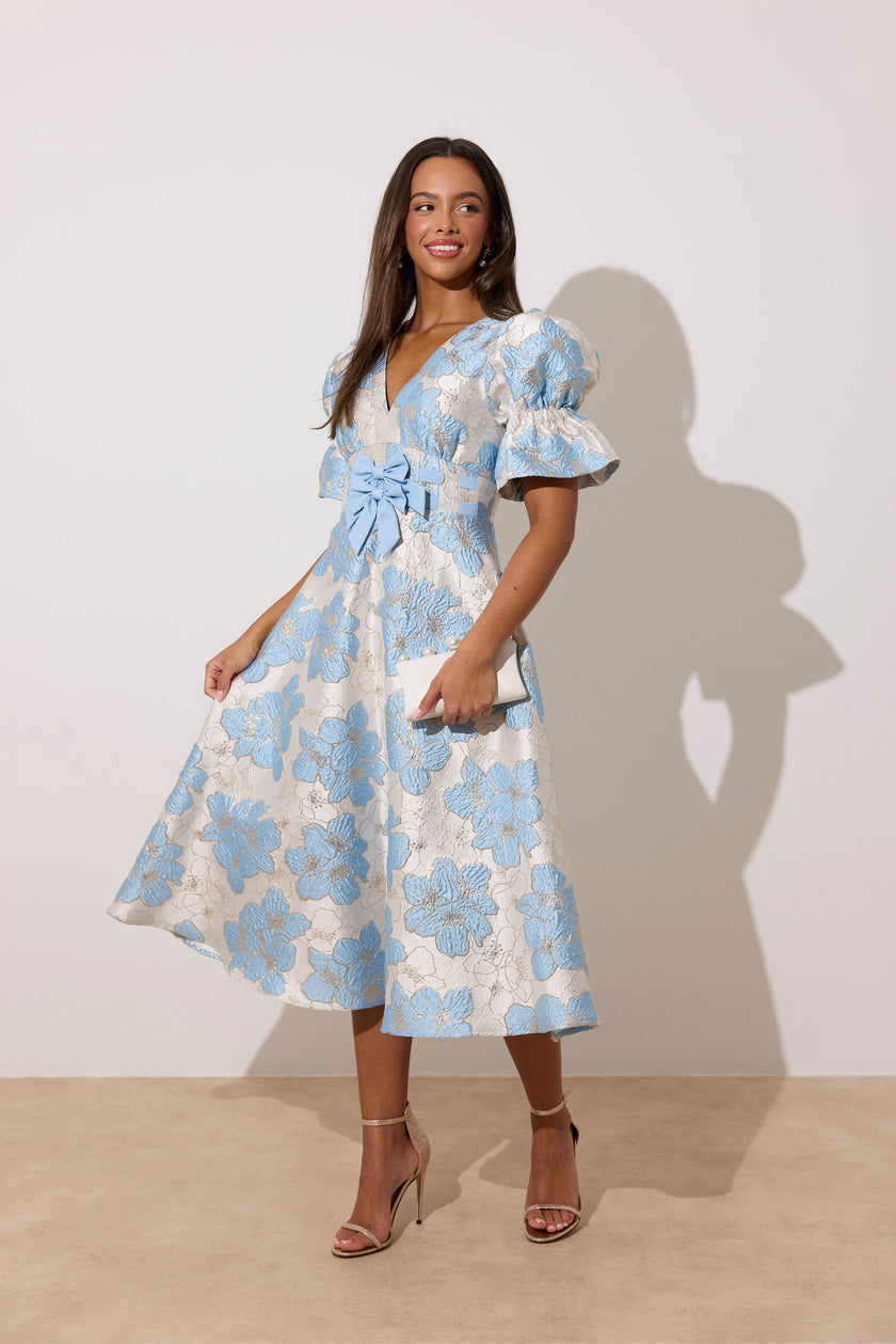 CALLIE METALLIC PUFF SLEEVE MIDI DRESS - PALE BLUE
