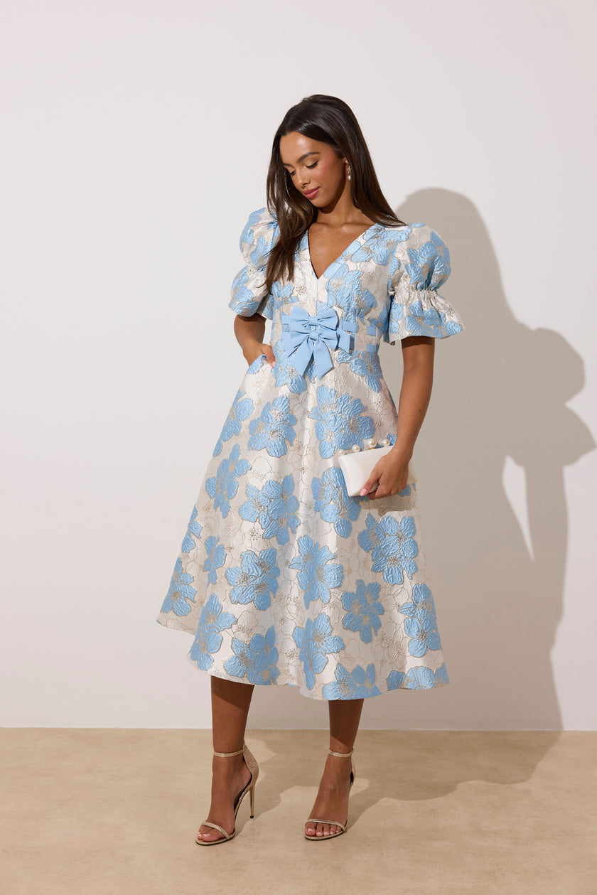 CALLIE METALLIC PUFF SLEEVE MIDI DRESS - PALE BLUE
