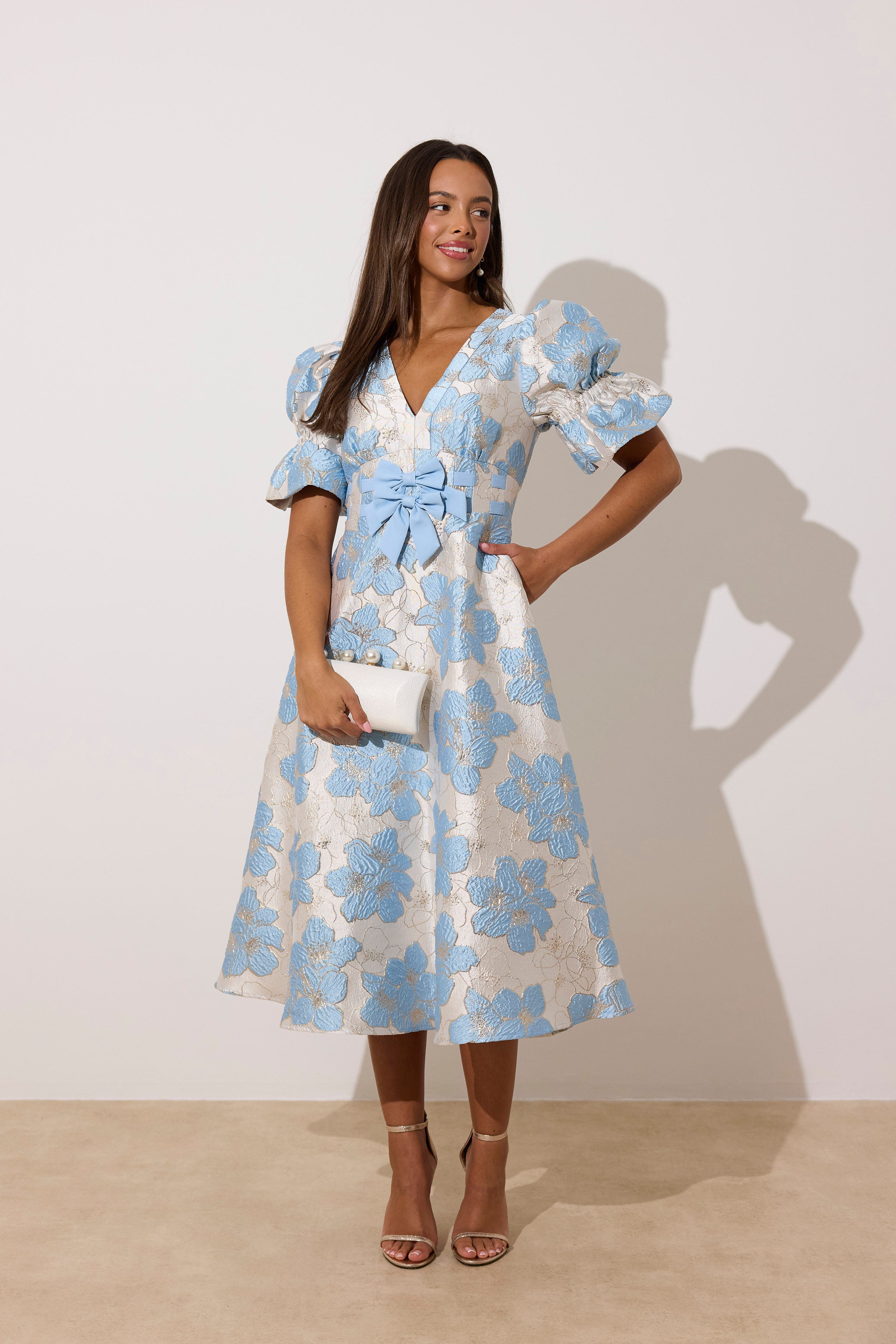 **PRE ORDER** CALLIE METALLIC PUFF SLEEVE MIDI DRESS - PALE BLUE