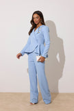 **PRE ORDER** ELIZABETH PEPLUM PEARL TROUSER SUIT - PALE BLUE