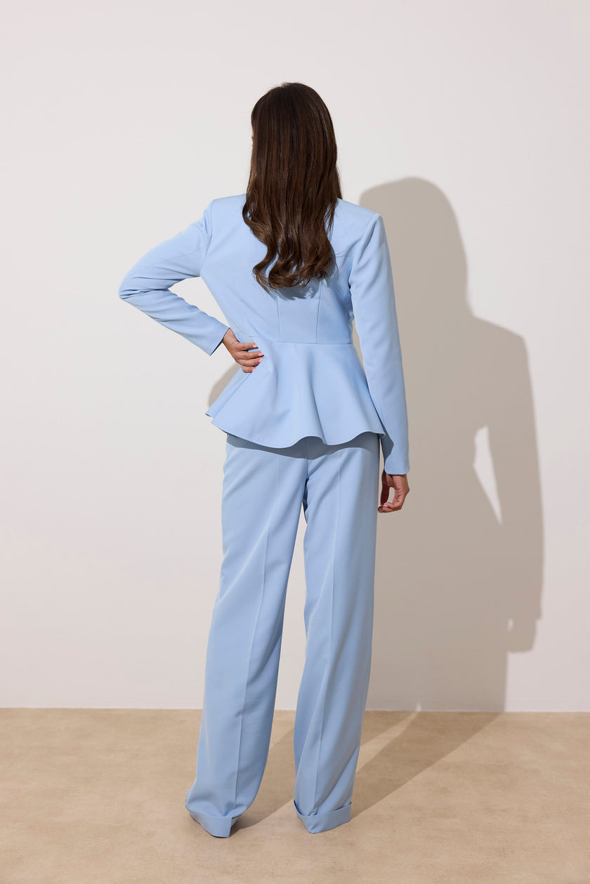 ELIZABETH PEPLUM PEARL TROUSER SUIT - PALE BLUE