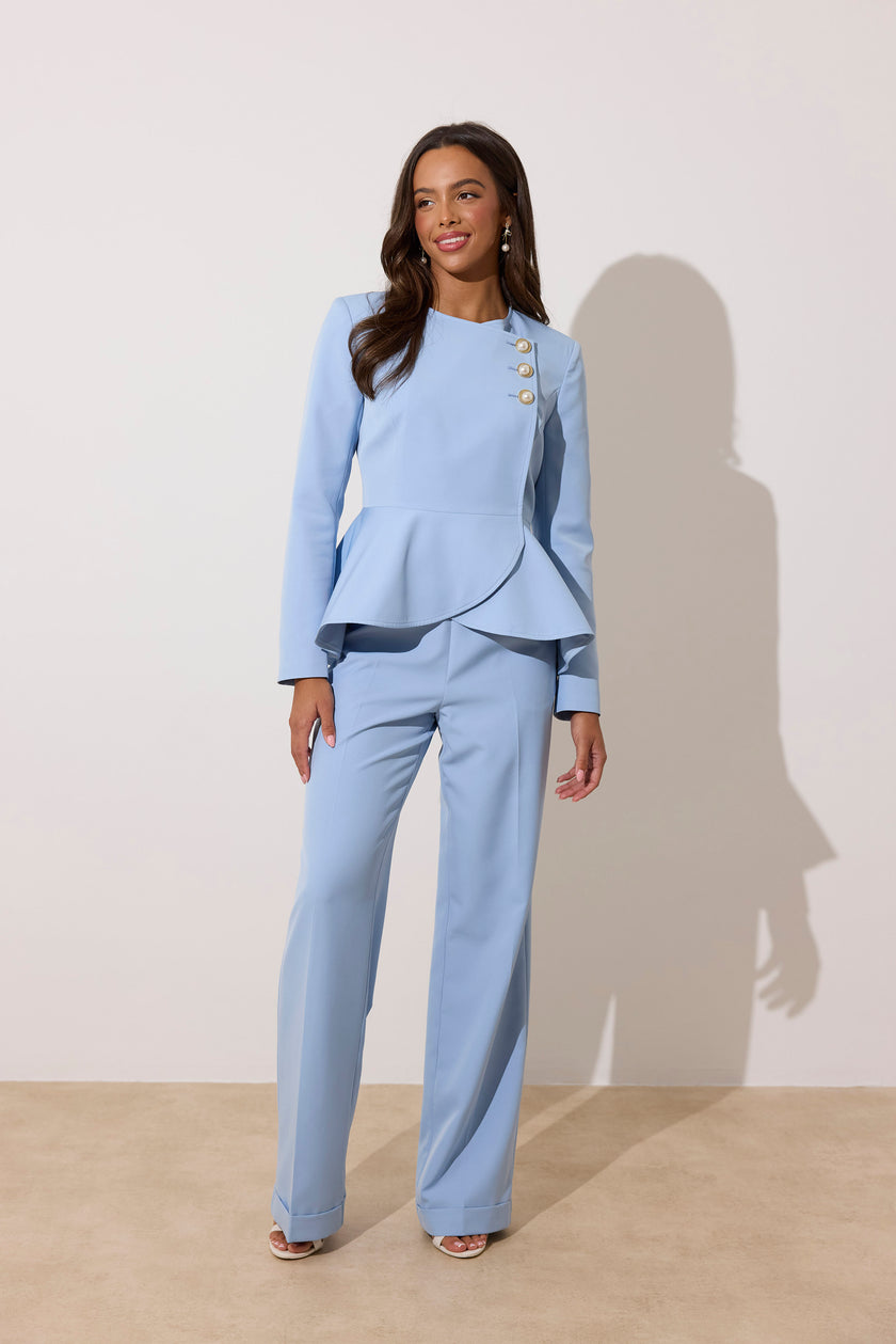 ELIZABETH PEPLUM PEARL TROUSER SUIT - PALE BLUE