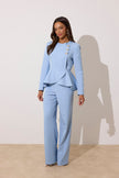 **PRE ORDER** ELIZABETH PEPLUM PEARL TROUSER SUIT - PALE BLUE