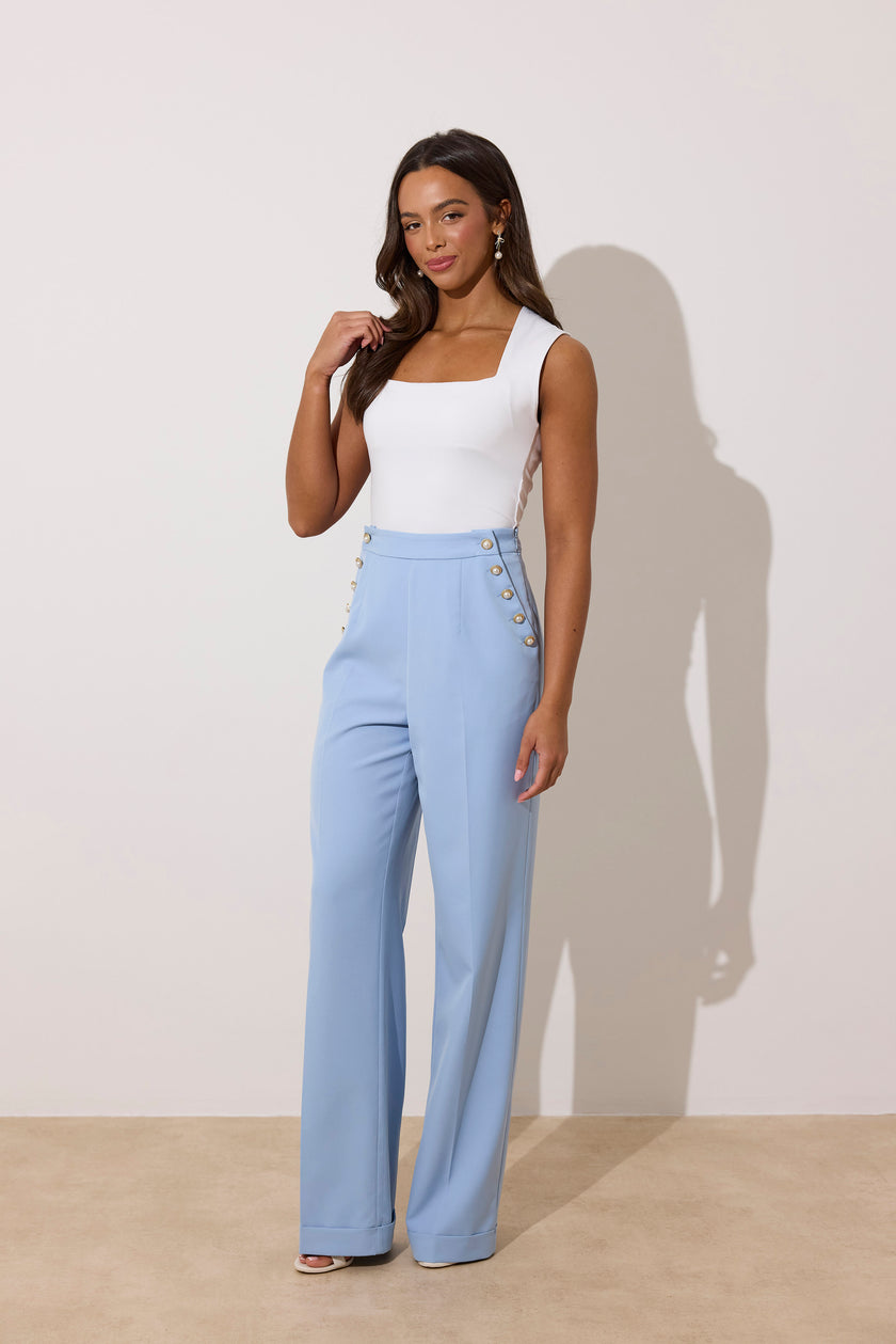 ELIZABETH PEPLUM PEARL TROUSER SUIT - PALE BLUE