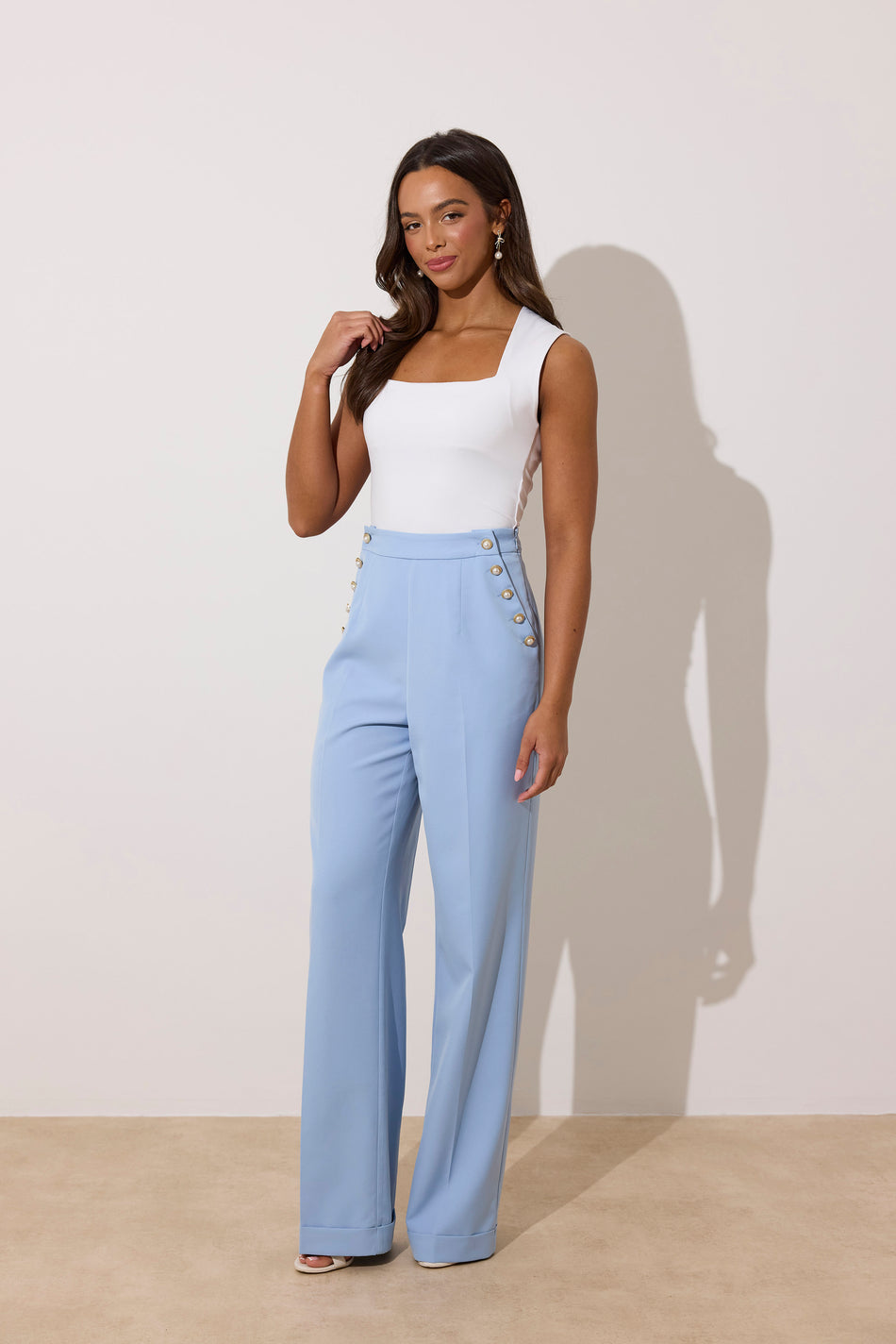 **PRE ORDER** ELIZABETH PEPLUM PEARL TROUSER SUIT - PALE BLUE