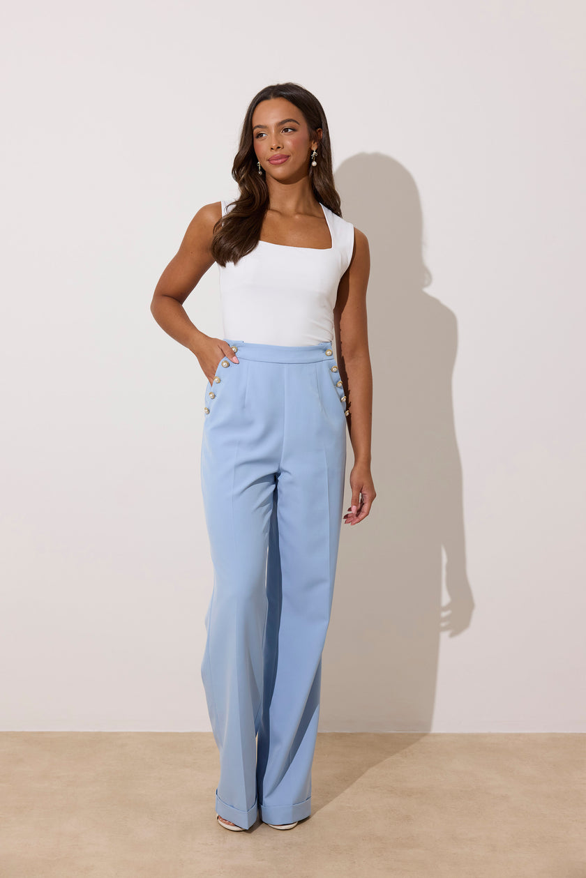 ELIZABETH PEPLUM PEARL TROUSER SUIT - PALE BLUE