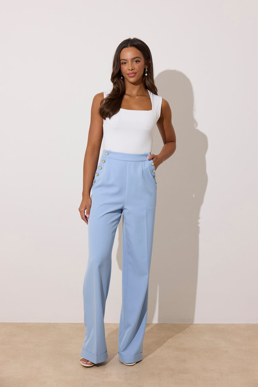 ELIZABETH PEPLUM PEARL TROUSER SUIT - PALE BLUE