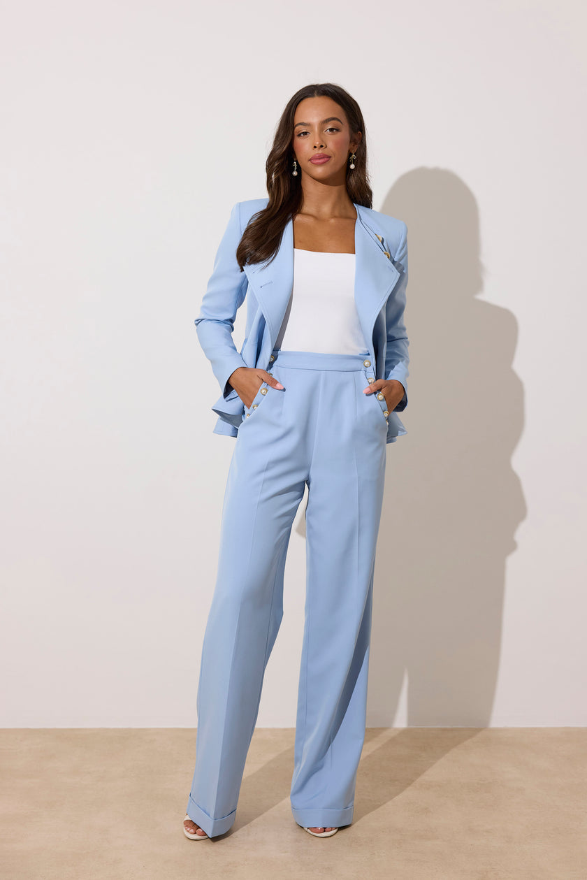 ELIZABETH PEPLUM PEARL TROUSER SUIT - PALE BLUE