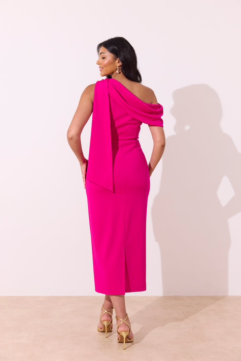 ELENI DRAPE MIDI DRESS - FUSCIA PINK