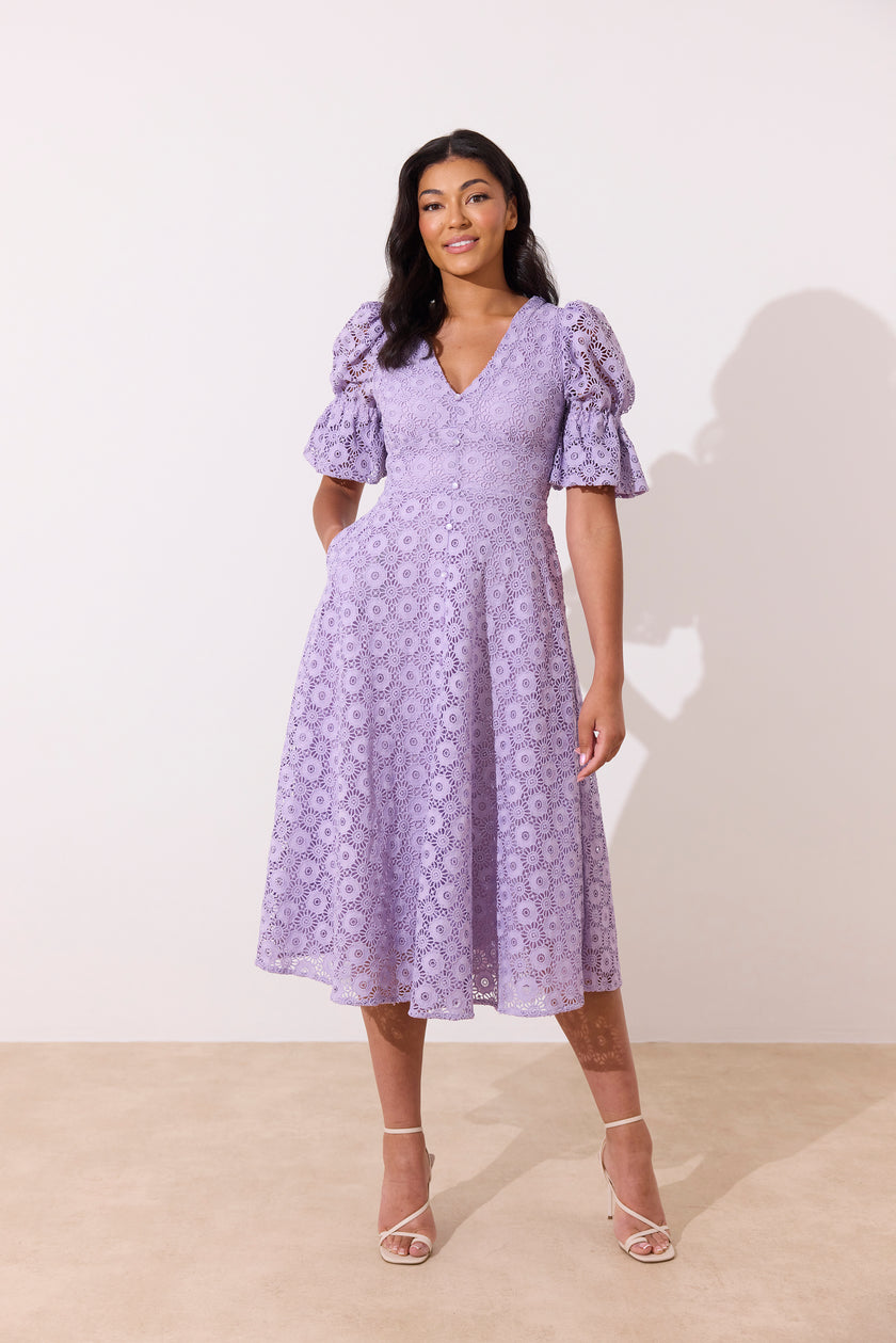 CALLIE LACE PUFF SLEEVE MIDI DRESS - LILAC