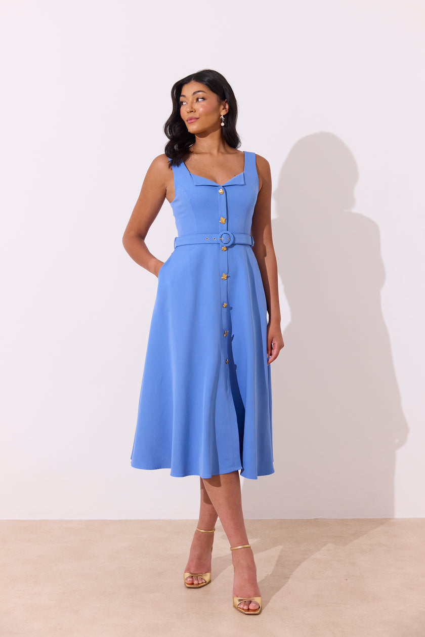 SAFFIRA BELTED FULL SKIRT MIDI DRESS - CORNFLOWER BLUE
