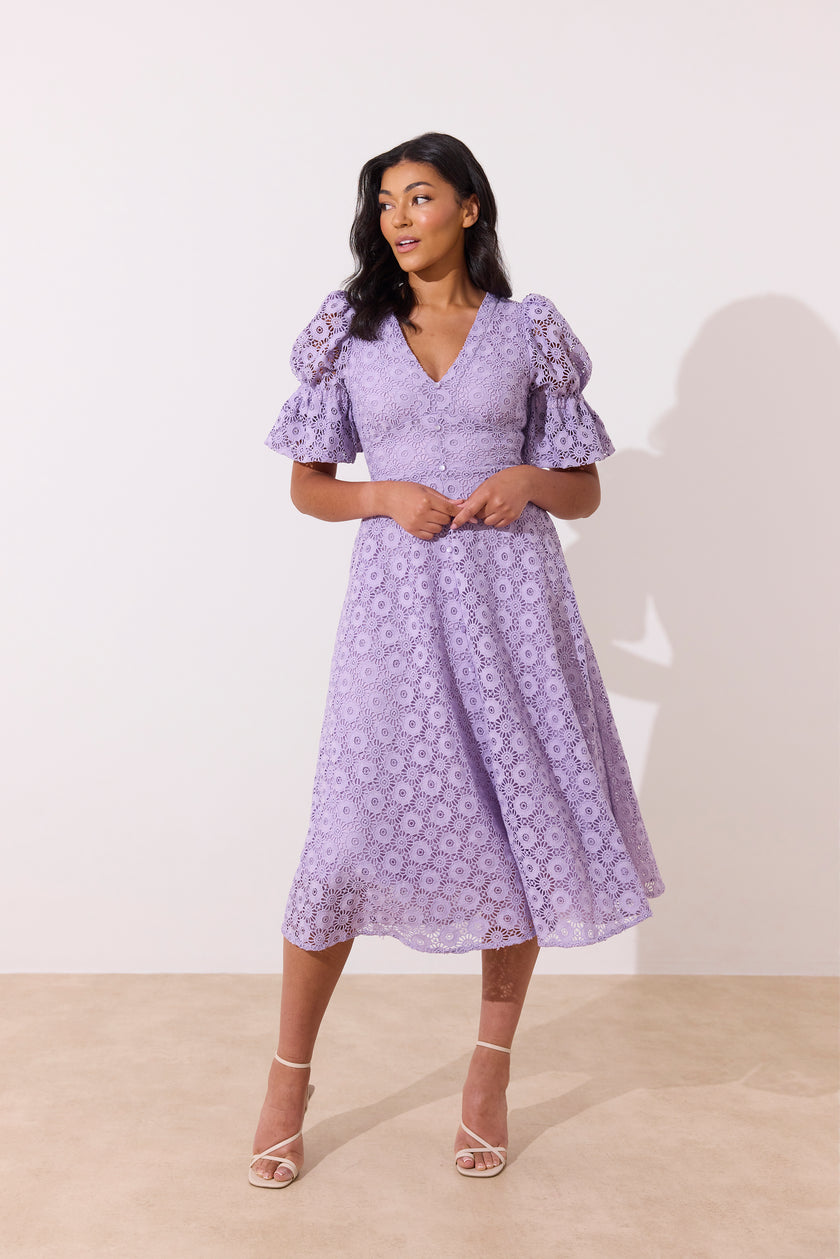 CALLIE LACE PUFF SLEEVE MIDI DRESS - LILAC