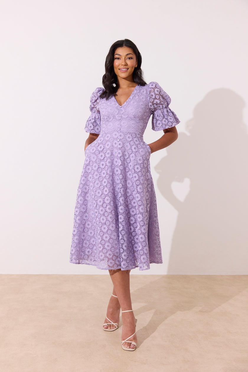 CALLIE LACE PUFF SLEEVE MIDI DRESS - LILAC