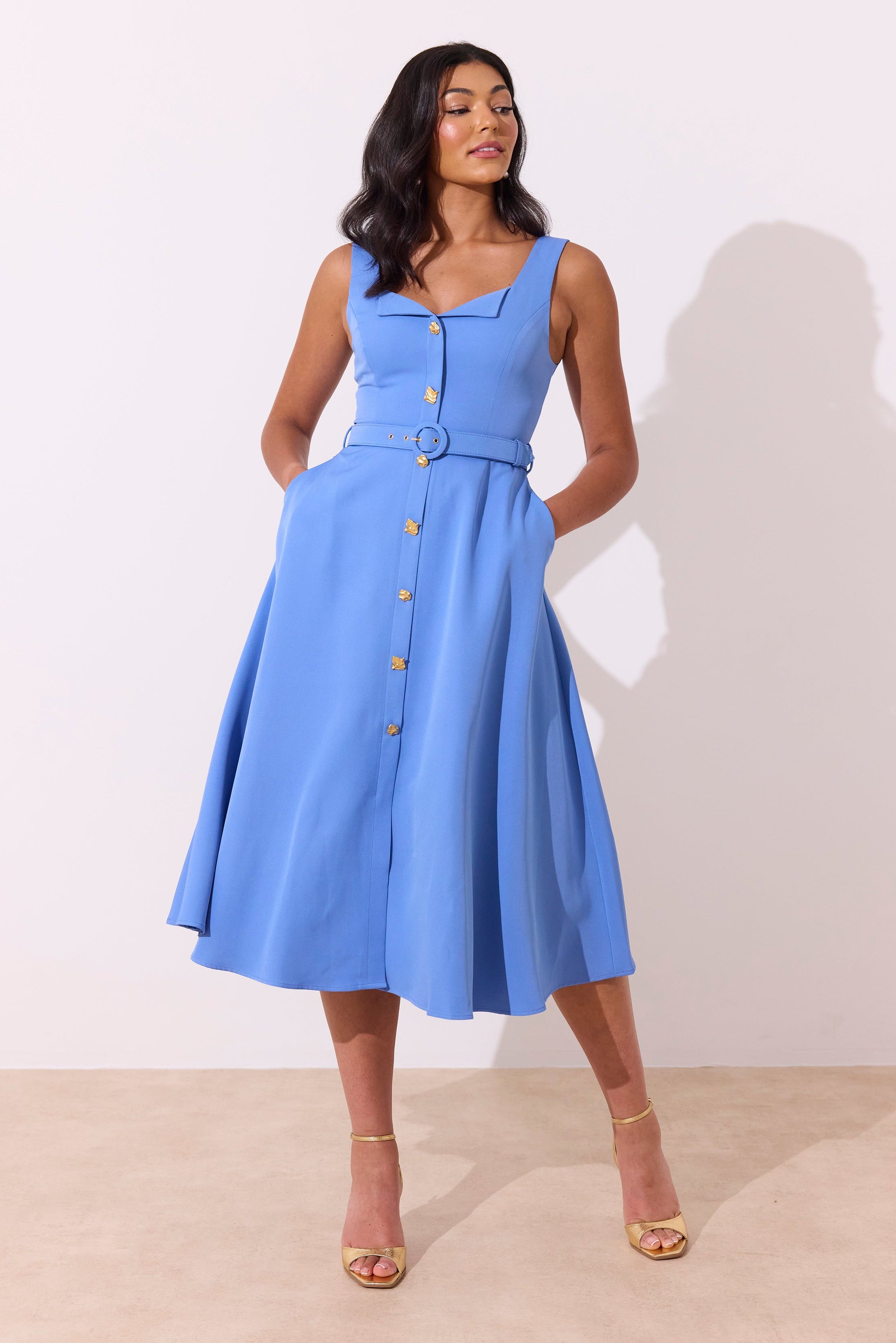 SAFFIRA BELTED FULL SKIRT MIDI DRESS - CORNFLOWER BLUE