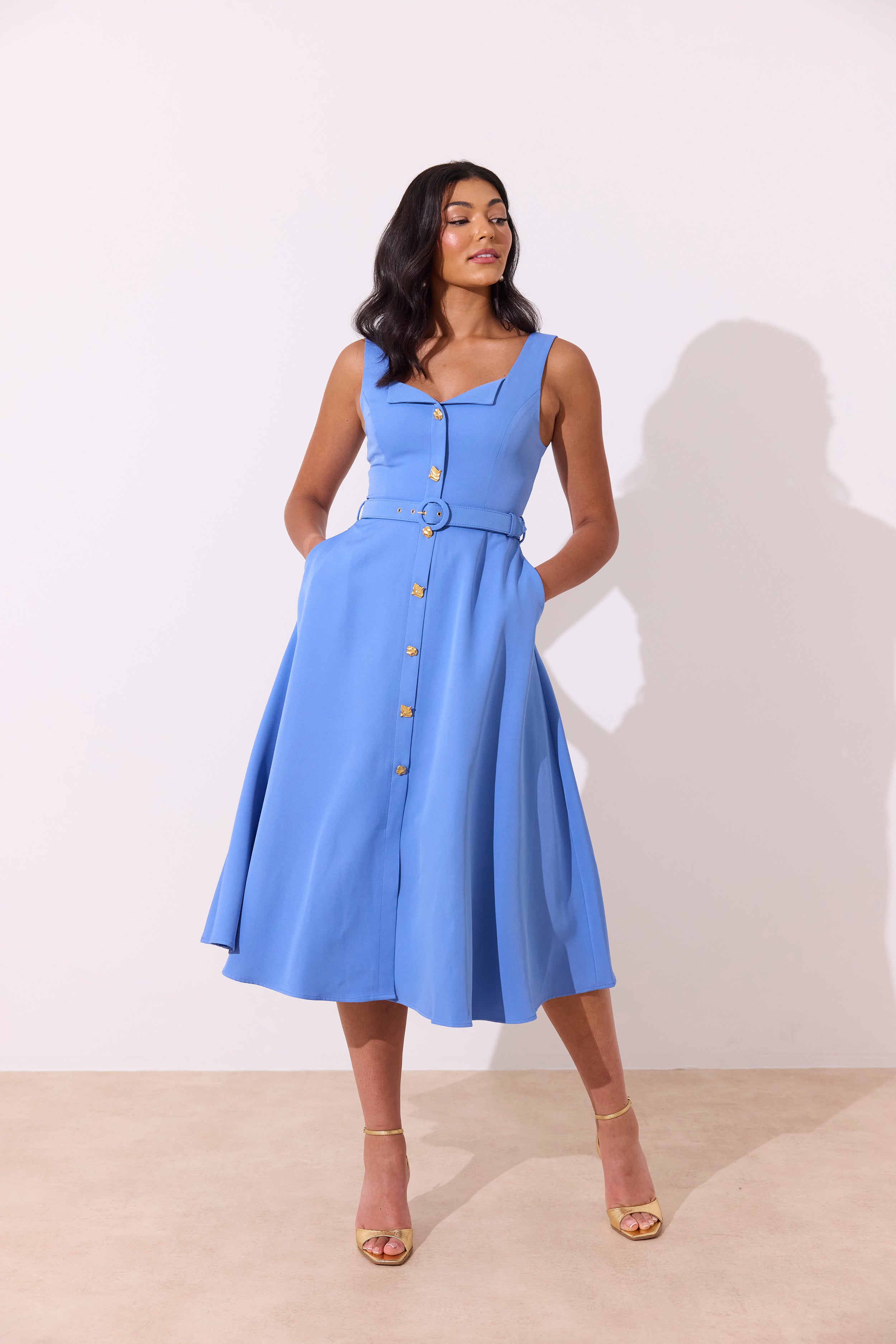 SAFFIRA BELTED FULL SKIRT MIDI DRESS - CORNFLOWER BLUE