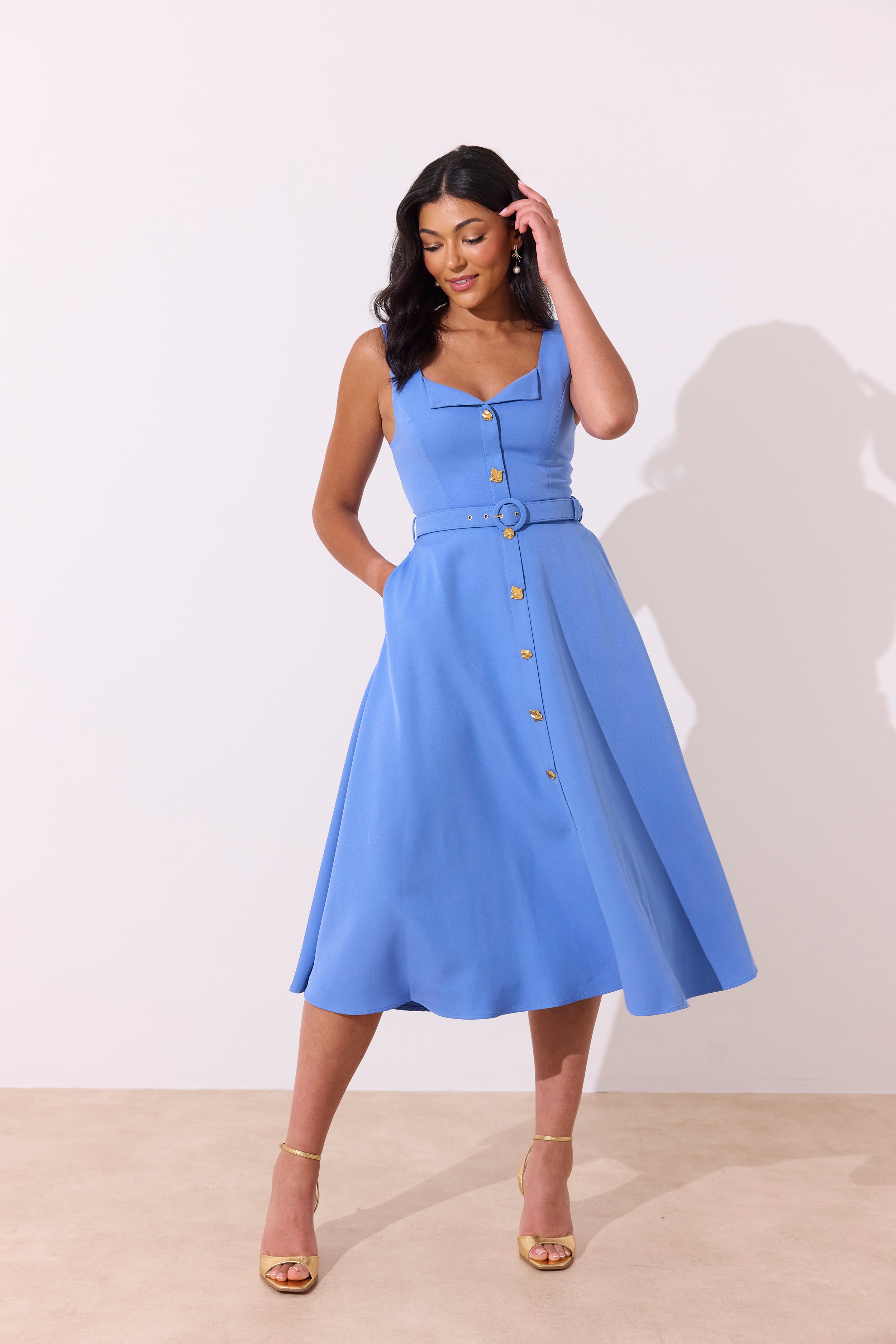 SAFFIRA BELTED FULL SKIRT MIDI DRESS - CORNFLOWER BLUE 8thsign SAFFIRA BELTED FULL SKIRT MIDI DRESS - CORNFLOWER BLUE 8thsign