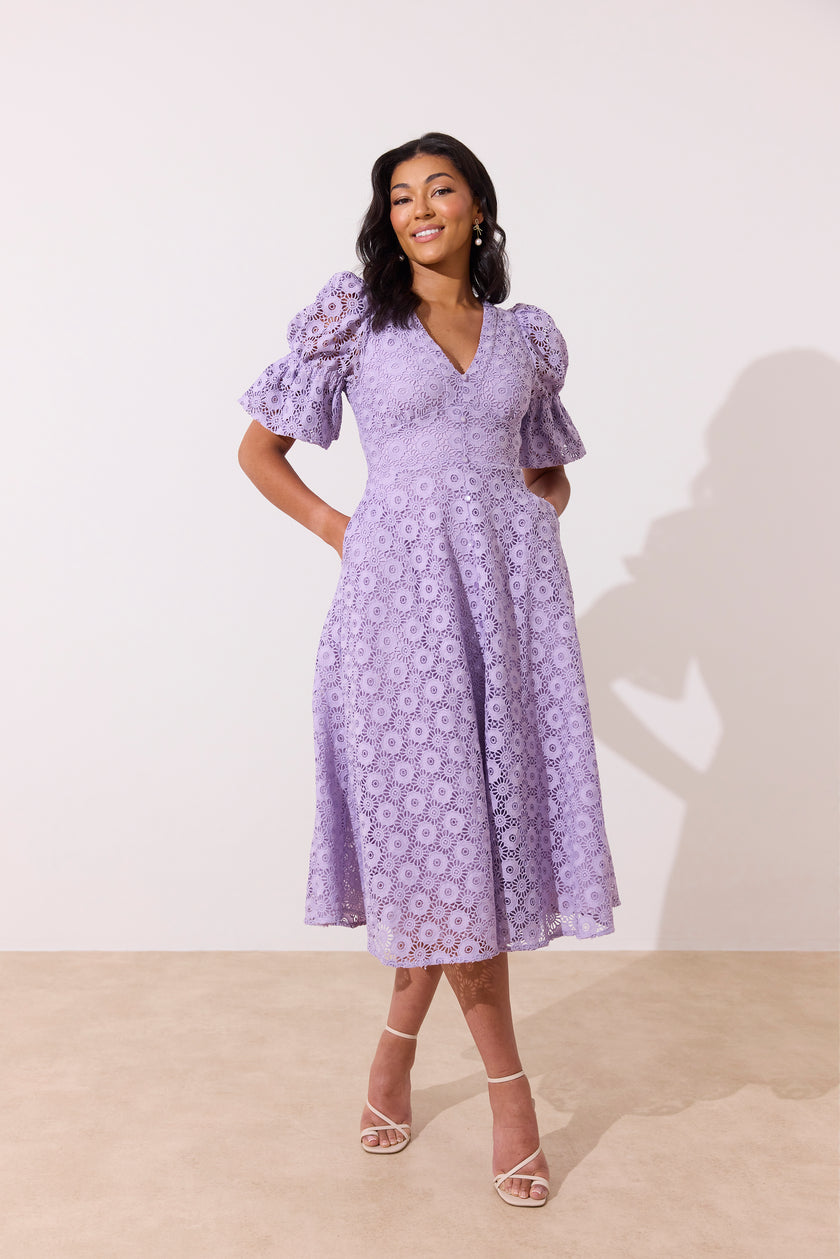 CALLIE LACE PUFF SLEEVE MIDI DRESS - LILAC