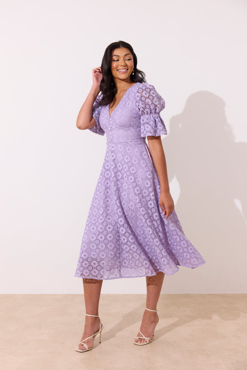 CALLIE LACE PUFF SLEEVE MIDI DRESS - LILAC