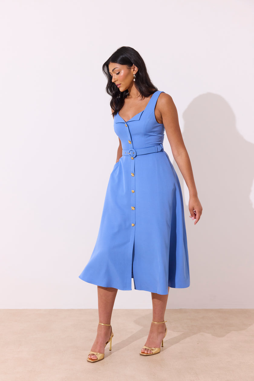 SAFFIRA BELTED FULL SKIRT MIDI DRESS - CORNFLOWER BLUE