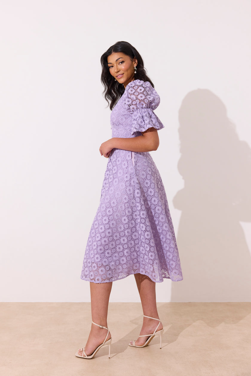 CALLIE LACE PUFF SLEEVE MIDI DRESS - LILAC