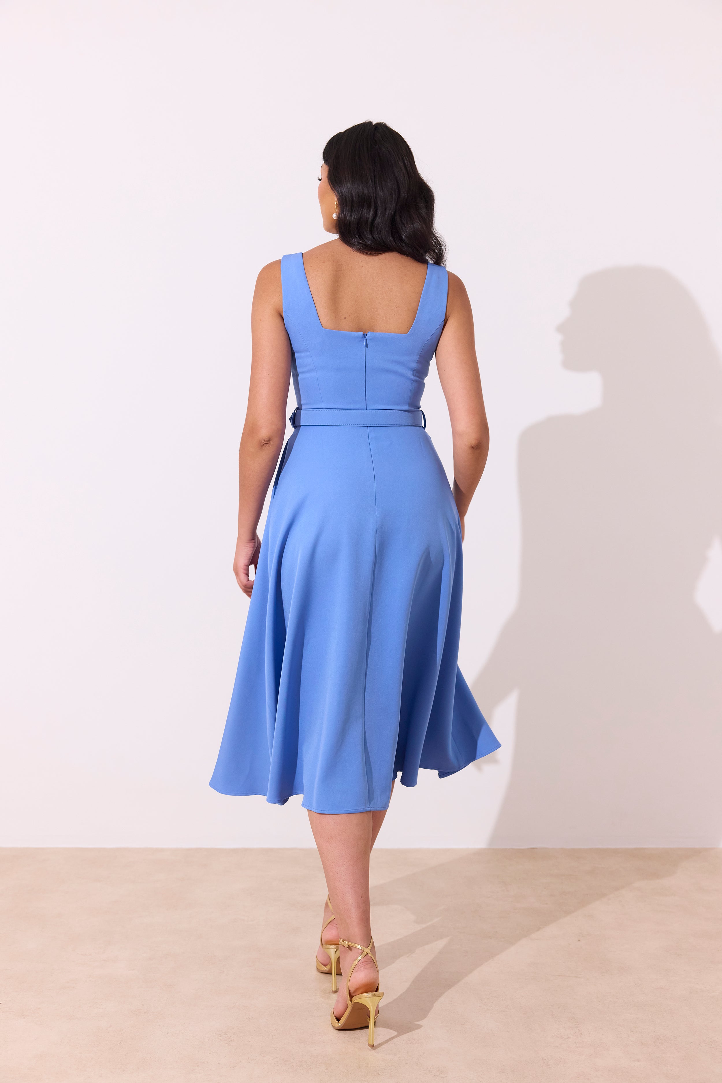 SAFFIRA BELTED FULL SKIRT MIDI DRESS - CORNFLOWER BLUE