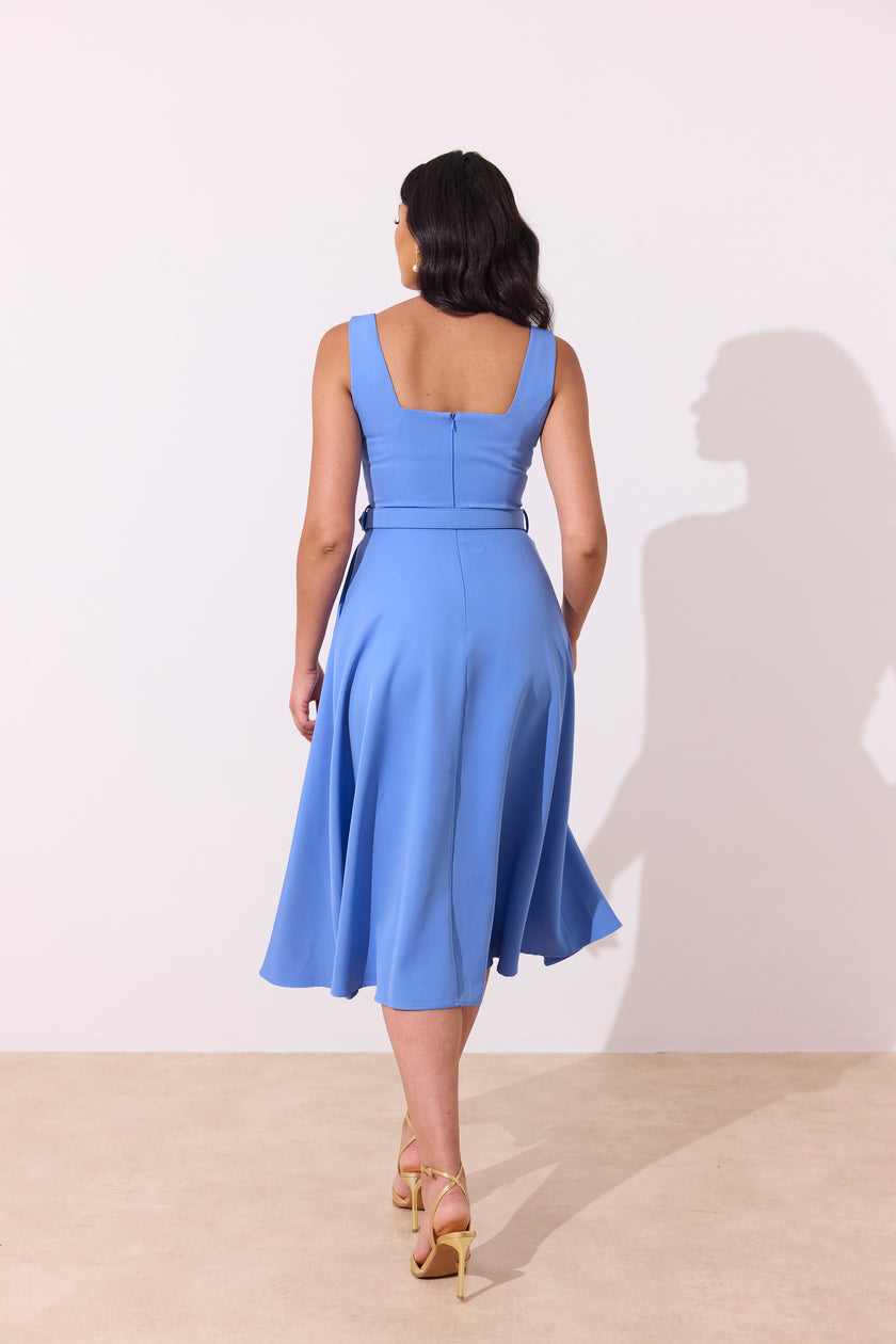 SAFFIRA BELTED FULL SKIRT MIDI DRESS - CORNFLOWER BLUE