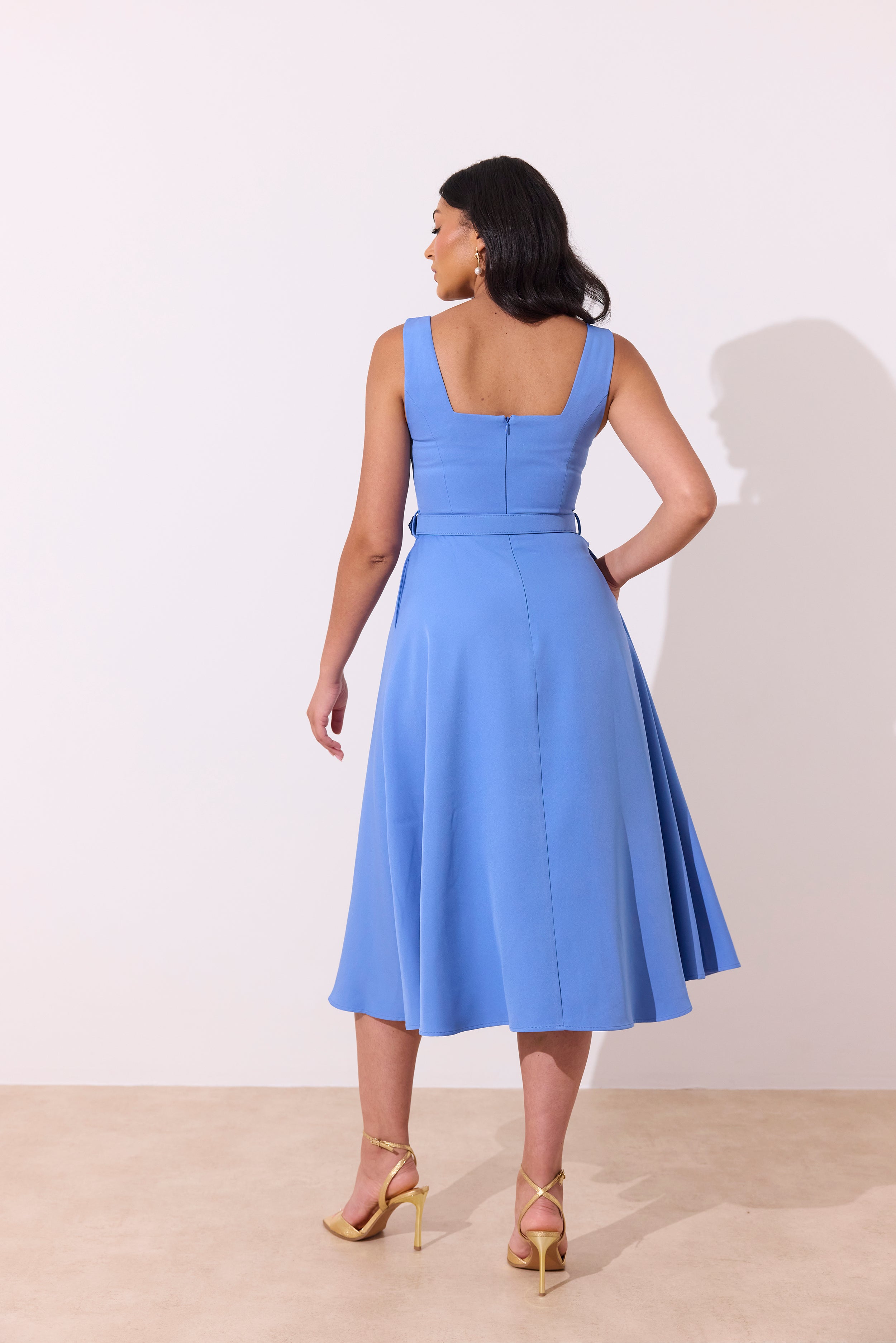 SAFFIRA BELTED FULL SKIRT MIDI DRESS - CORNFLOWER BLUE