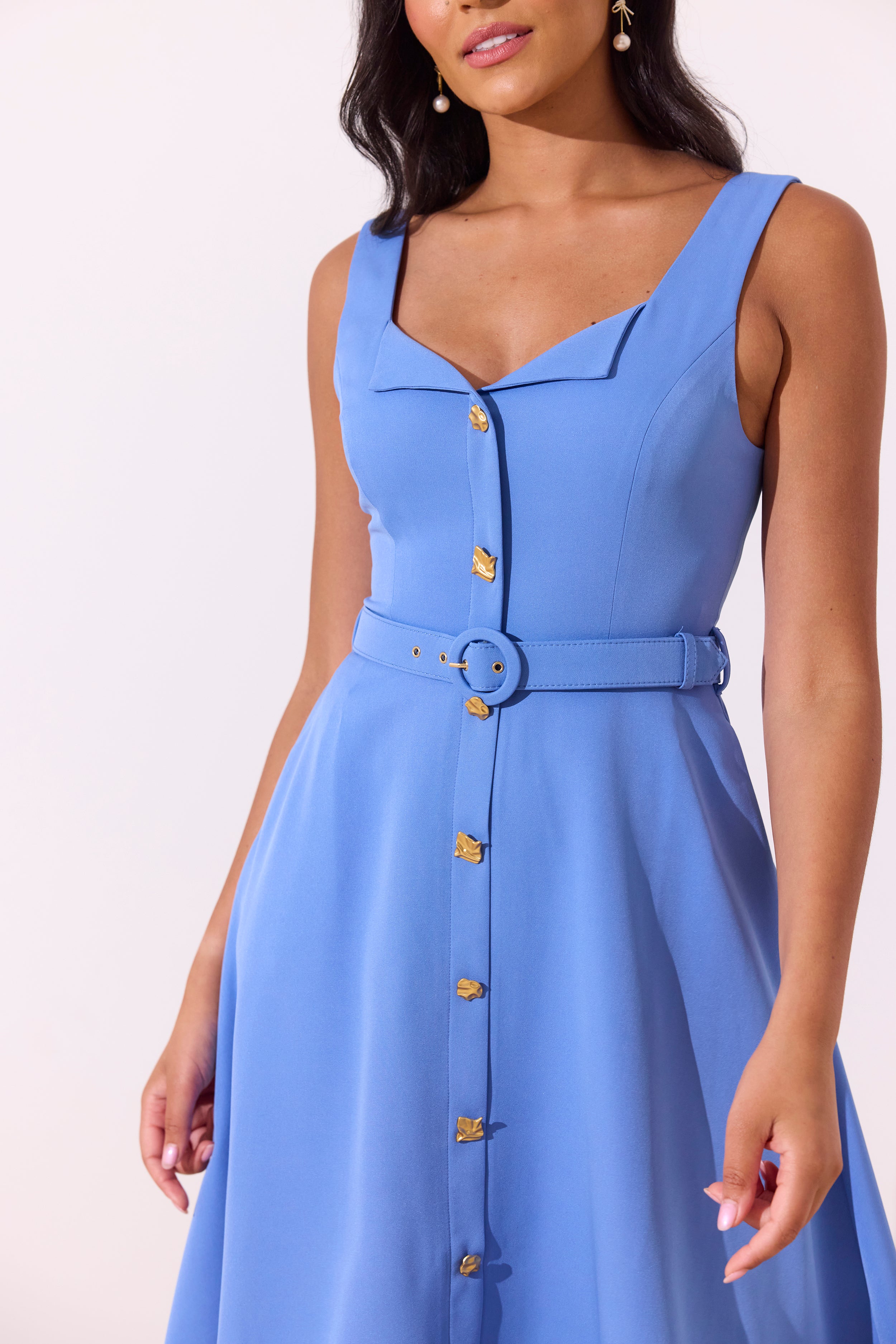 SAFFIRA BELTED FULL SKIRT MIDI DRESS - CORNFLOWER BLUE