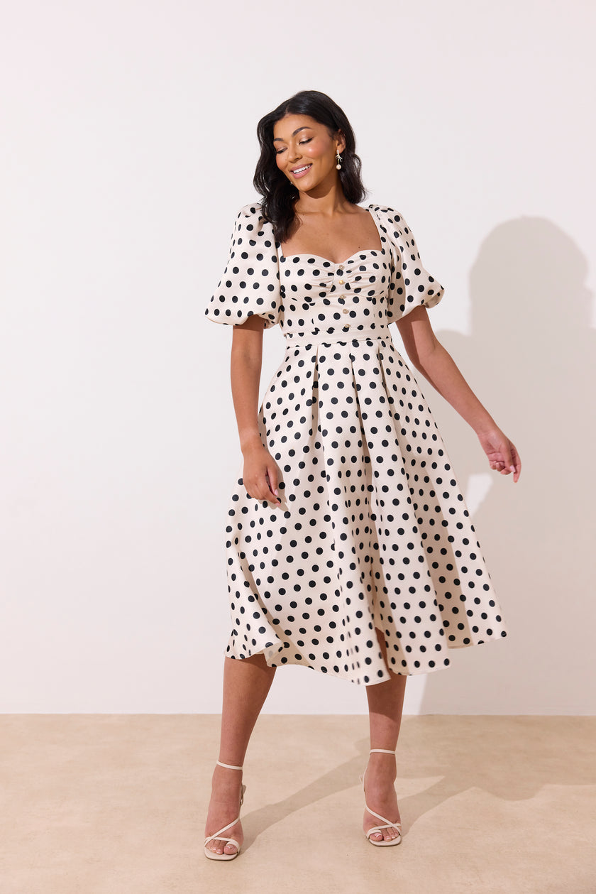 AUDREY PUFF SLEEVE FULL SKIRT DRESS - CHAMPAGNE IVORY POLKA DOT