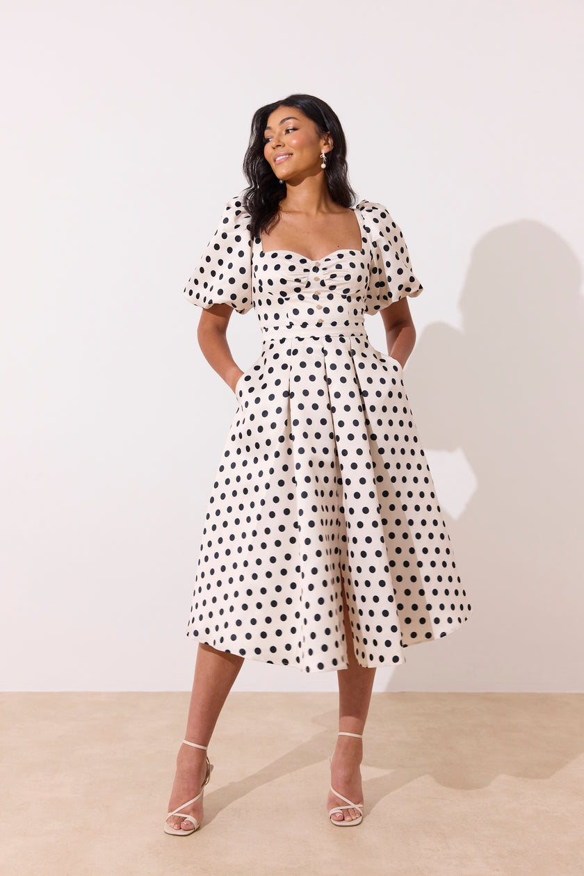 AUDREY PUFF SLEEVE FULL SKIRT DRESS - CHAMPAGNE IVORY POLKA DOT
